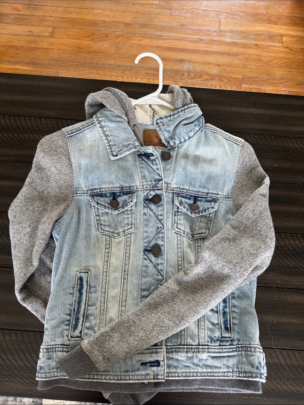 American Eagle Outfitters Light Blue Denim Jacket with Gray Knit Hood & Sleeves